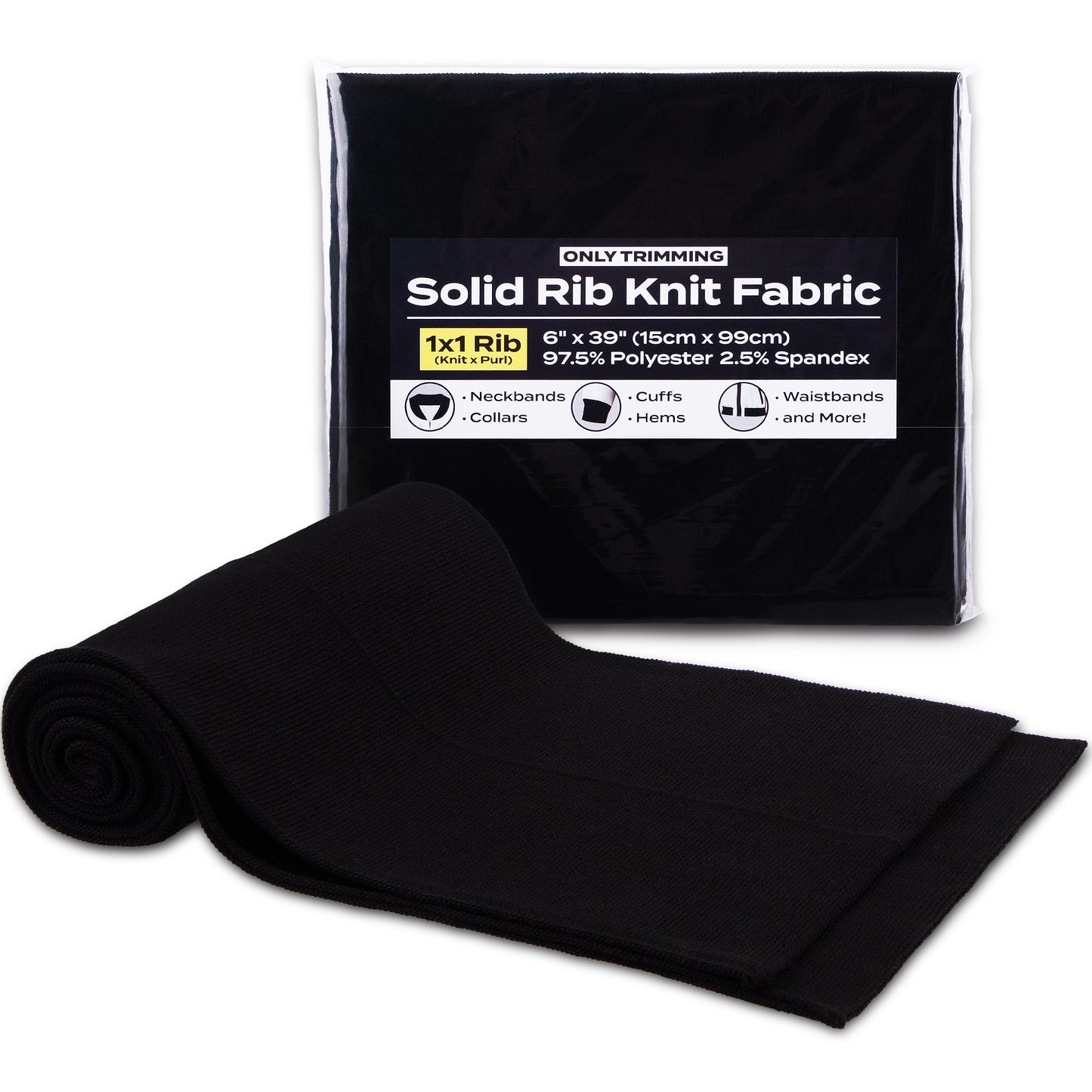 ONLY TRIMMING 1x1 Solid Rib Knit Fabric, Stretchy Knitted Ribbing for Cuffs, Collars, and Waistbands, Polyester-Spandex Blend, DIY Sewing Trim, Black, 6 x 39 Inches