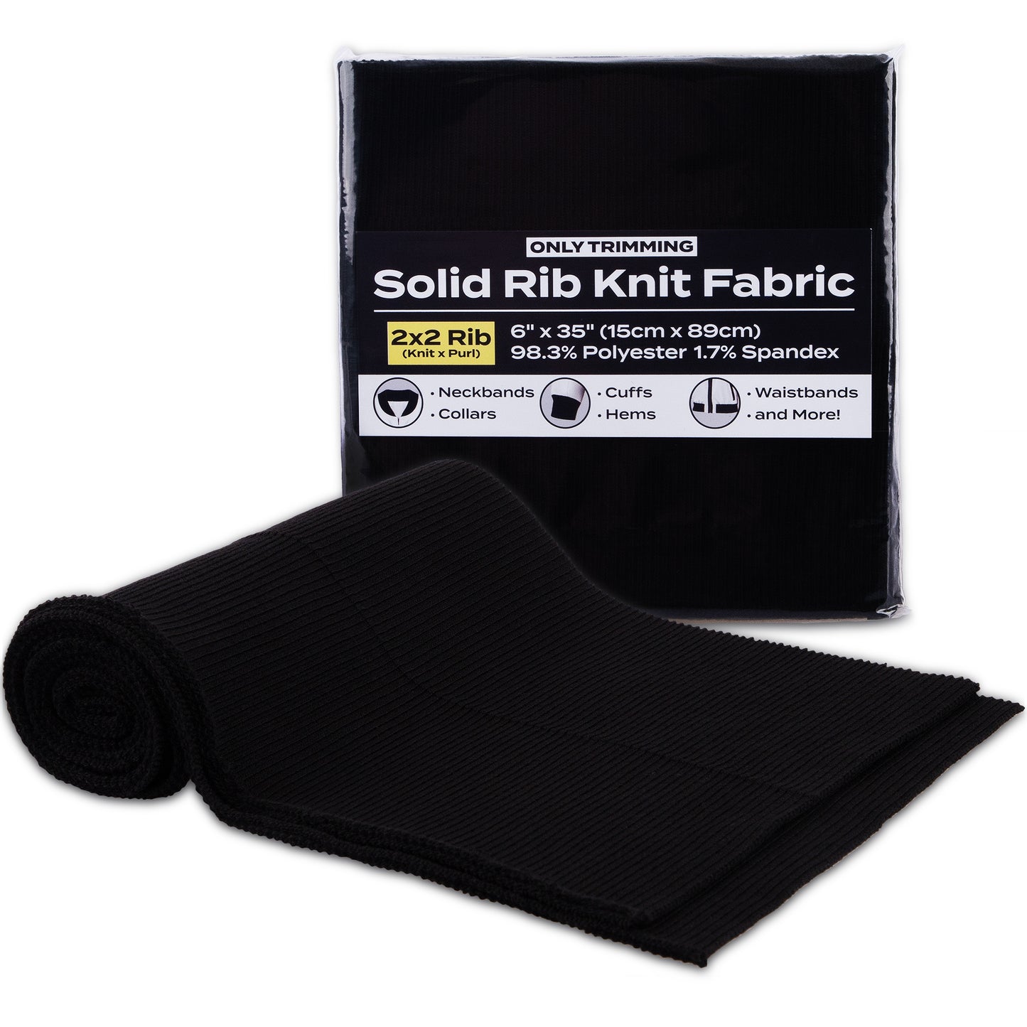 ONLY TRIMMING 2x2 Solid Rib Knit Fabric, Stretchy Knitted Ribbing for Cuffs, Collars, and Waistbands, Polyester-Spandex Blend, DIY Sewing Trim, Black, 6 x 35 Inches