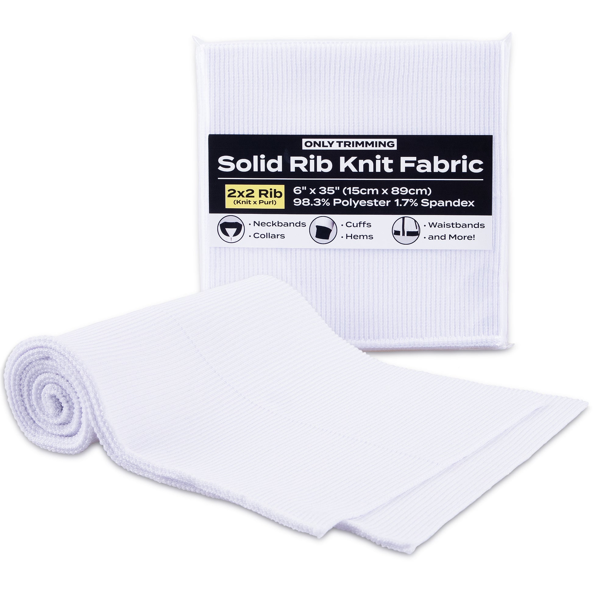 ONLY TRIMMING 2x2 Solid Rib Knit Fabric, Stretchy Knitted Ribbing for Cuffs, Collars, and Waistbands, Polyester-Spandex Blend, DIY Sewing Trim, White, 6 x 35 Inches