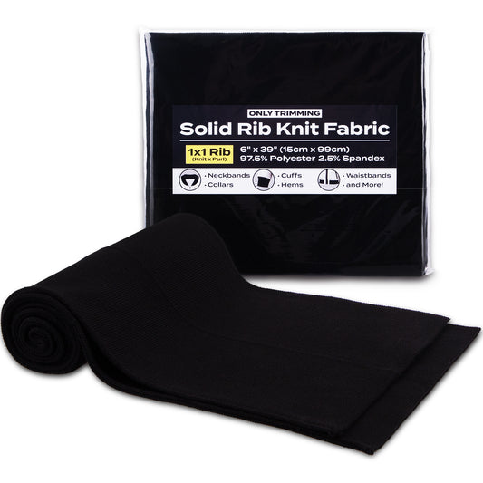 ONLY TRIMMING 1x1 Solid Rib Knit Fabric, Stretchy Knitted Ribbing for Cuffs, Collars, and Waistbands, Polyester-Spandex Blend, DIY Sewing Trim, Black, 6 x 39 Inches