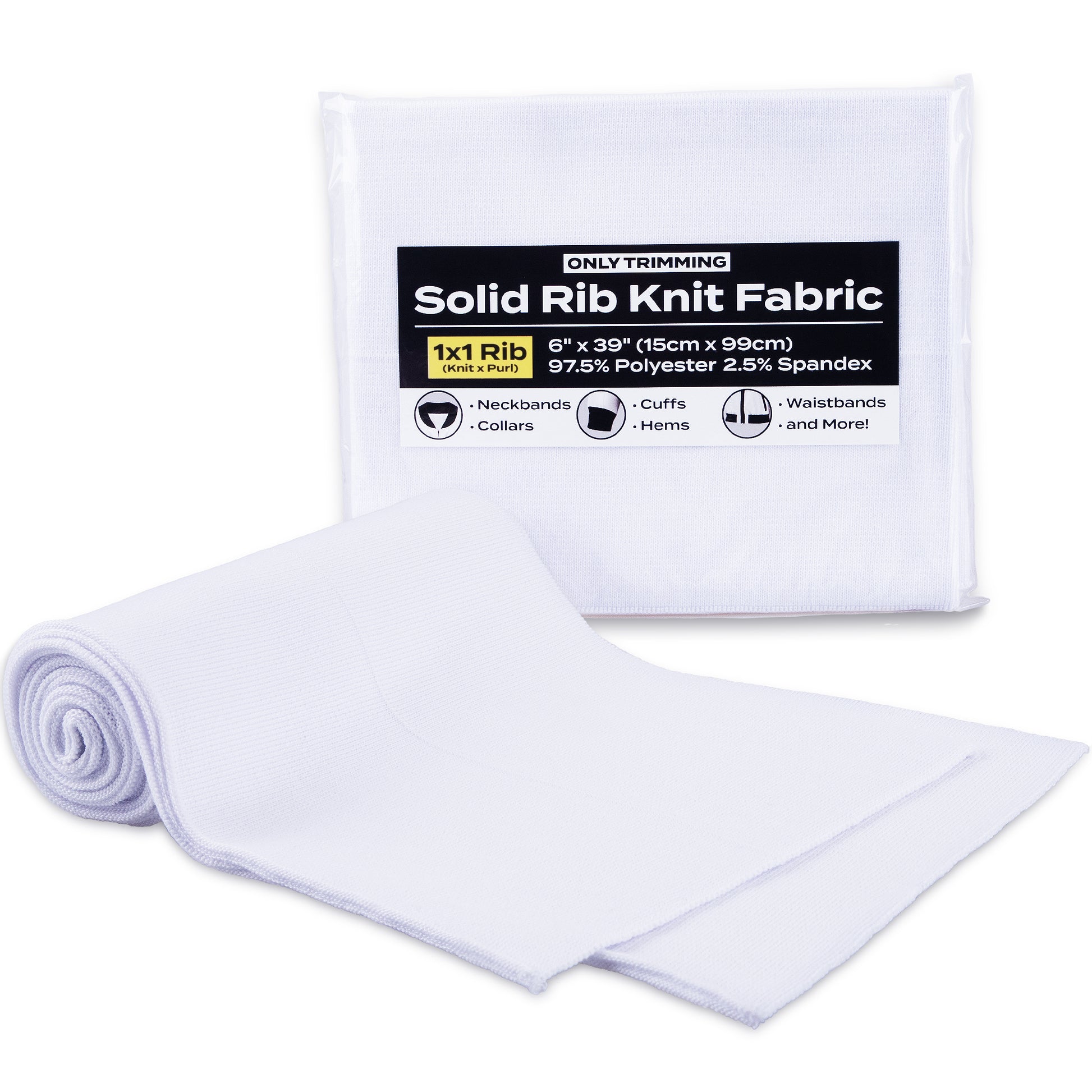 ONLY TRIMMING 1x1 Solid Rib Knit Fabric, Stretchy Knitted Ribbing for Cuffs, Collars, and Waistbands, Polyester-Spandex Blend, DIY Sewing Trim, White, 6 x 39 Inches