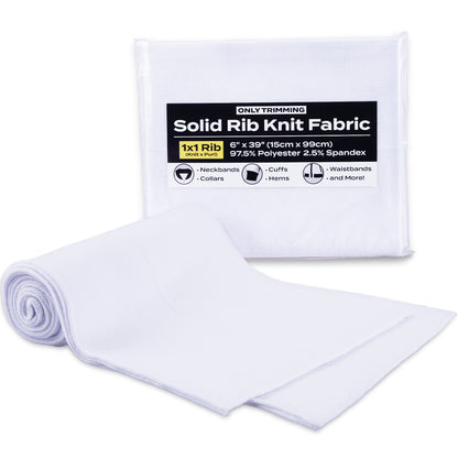 ONLY TRIMMING 1x1 Solid Rib Knit Fabric, Stretchy Knitted Ribbing for Cuffs, Collars, and Waistbands, Polyester-Spandex Blend, DIY Sewing Trim, White, 6 x 39 Inches