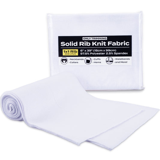 ONLY TRIMMING 1x1 Solid Rib Knit Fabric, Stretchy Knitted Ribbing for Cuffs, Collars, and Waistbands, Polyester-Spandex Blend, DIY Sewing Trim, White, 6 x 39 Inches