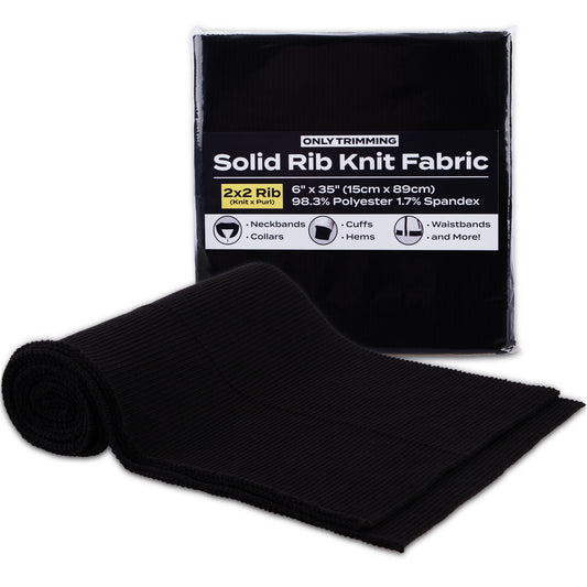ONLY TRIMMING 2x2 Solid Rib Knit Fabric, Stretchy Knitted Ribbing for Cuffs, Collars, and Waistbands, Polyester-Spandex Blend, DIY Sewing Trim, Black, 6 x 35 Inches